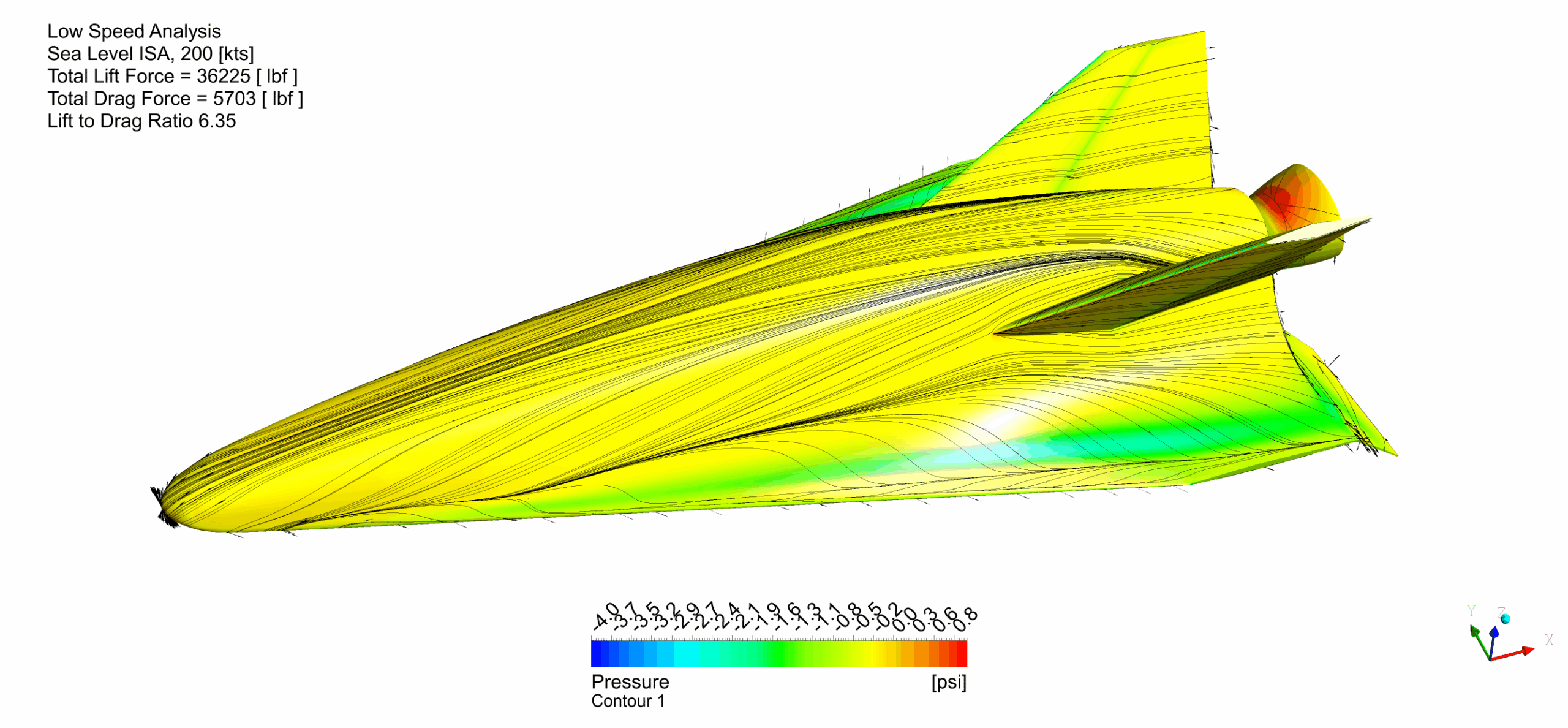 Pressure and surface streamlines, Iso